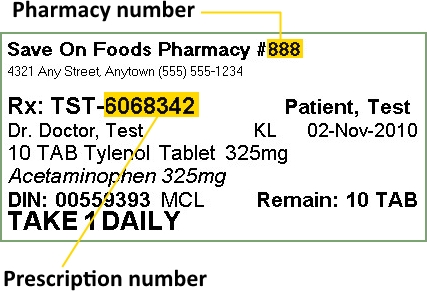 Sample prescription. Indicating location of the Pharmacy number and Prescription number.